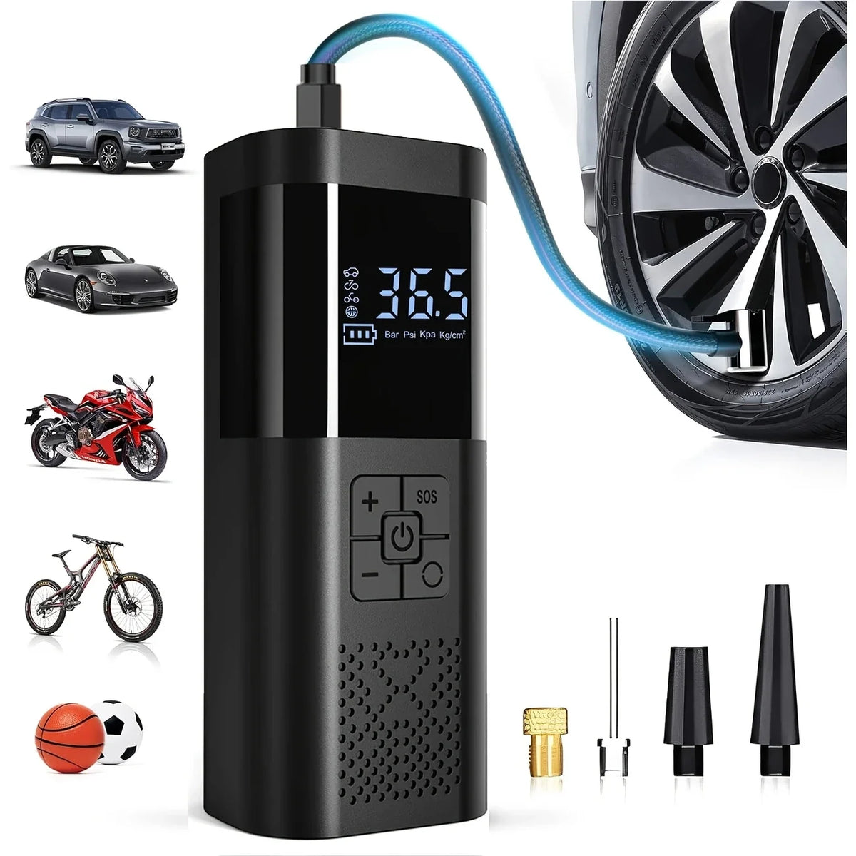 Inflateur portable sans fil noir avec tuyau bleu et jauge numérique, à côté de pneus et outils.