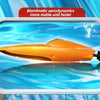 An orange high-speed RC speedboat is shown in a water-like environment, demonstrating biomimetic aerodynamics.