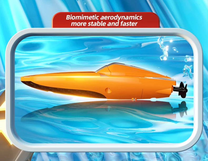 An orange high-speed RC speedboat is shown in a water-like environment, demonstrating biomimetic aerodynamics.
