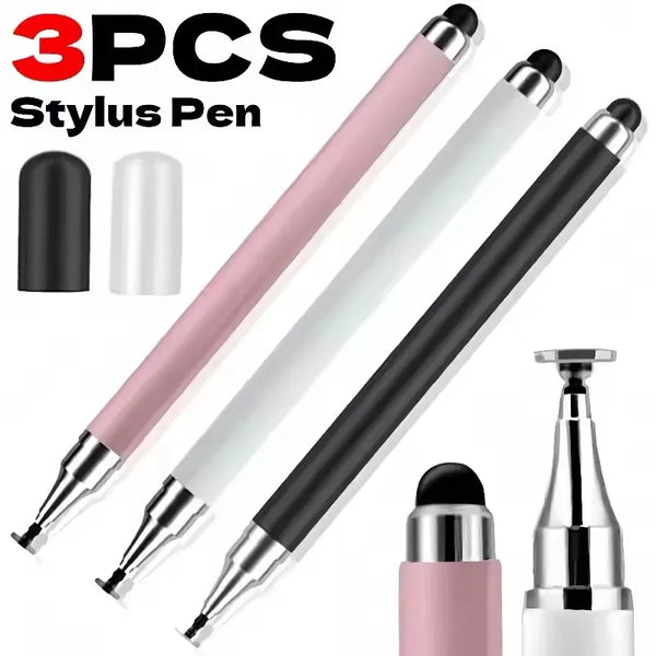 Tres bolígrafos stylus de silicona en negro, rosa y blanco, mostrando puntas y cuerpo.