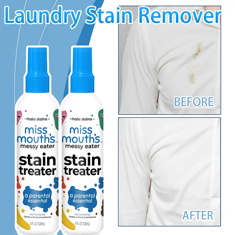 Bottle of Laundry Stain Remover spray with before and after stain removal demonstration