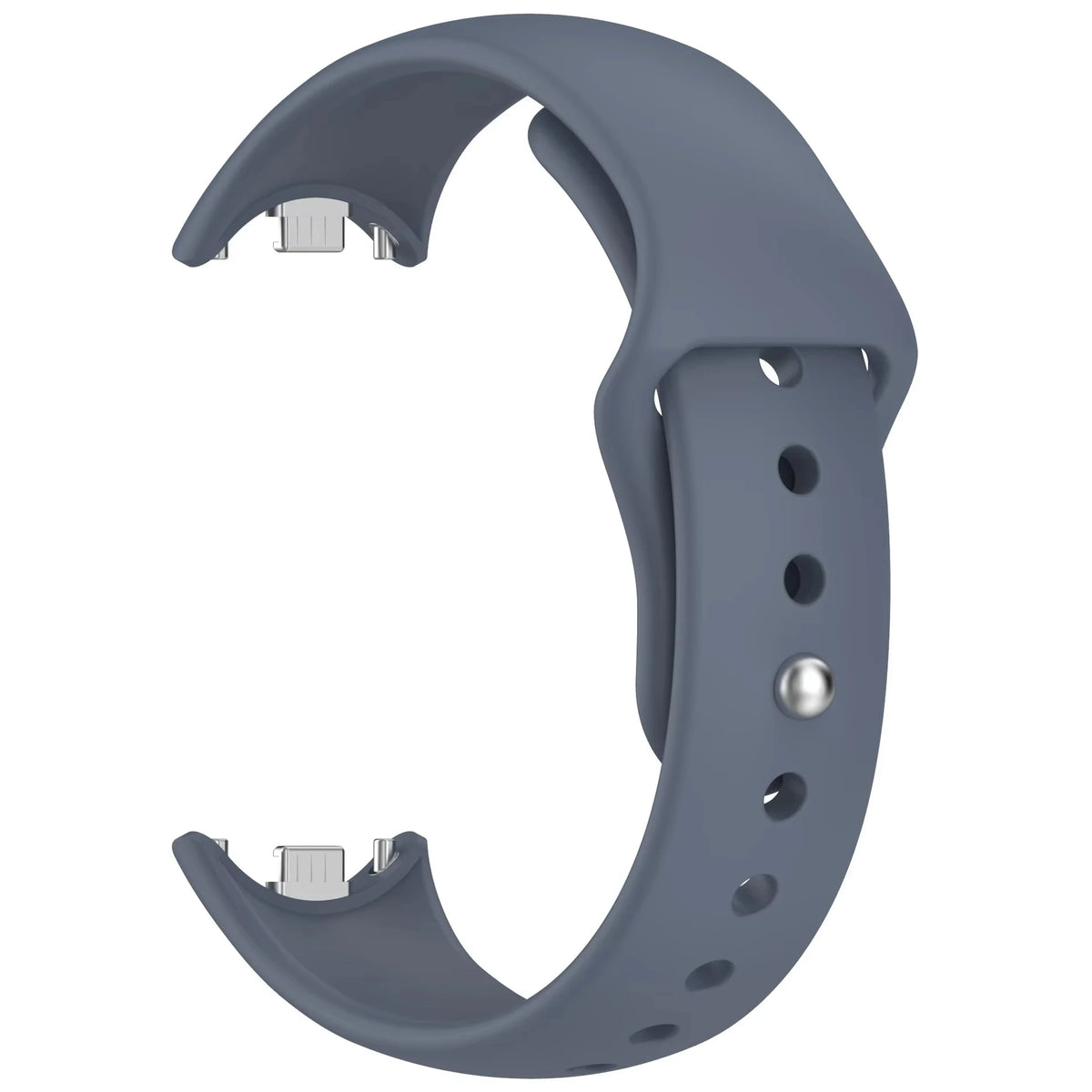 A gray silicone replacement strap for a fitness tracker, shown in a curved form.