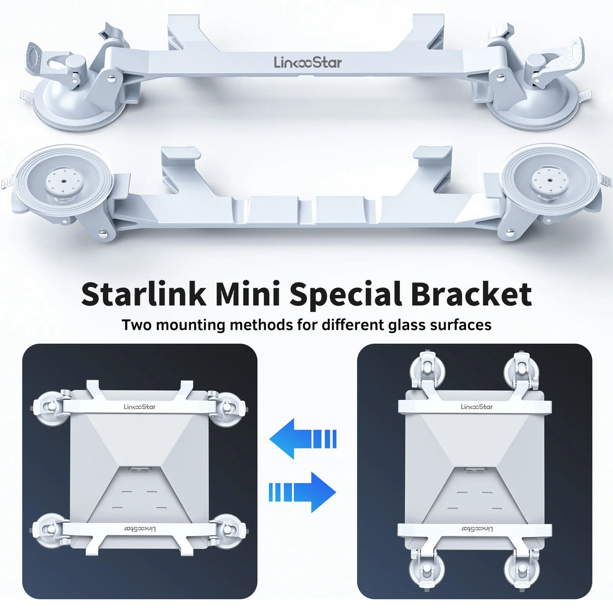 Starlink Mini Special Bracket showing two mounting methods for different glass surfaces