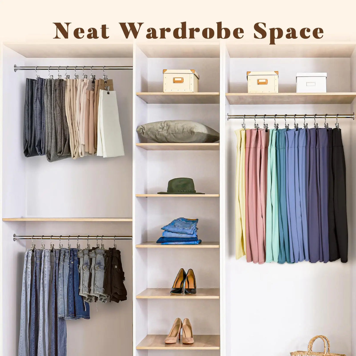 A neat wardrobe space featuring wooden shelves and hanging rods organized with stainless steel clothespins and hooks.