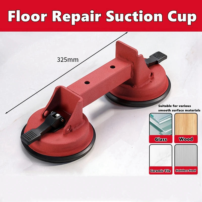 A red floor repair suction cup tool with a handle and suction base is shown against a white background.