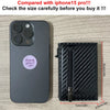 A black RFID blocking pop-up wallet is shown next to an iPhone 15 Pro to demonstrate size comparison.