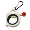 A white cable tie organizer with a black ring and a red plastic clip attached to a metal carabiner.