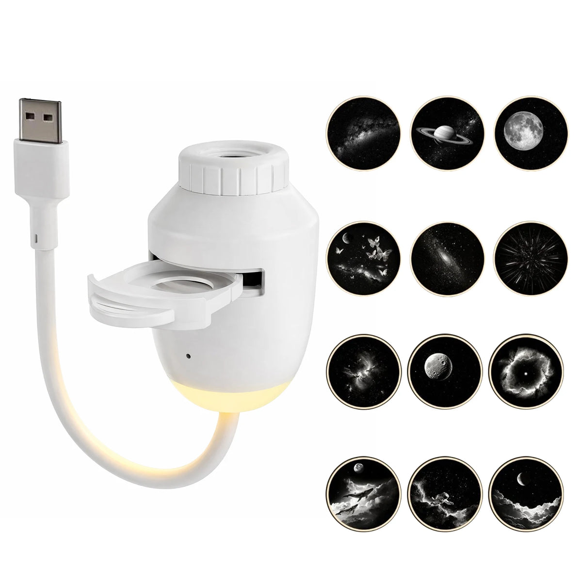 A white 2-in-1 mini galaxy star projector night light with multiple celestial patterns displayed.