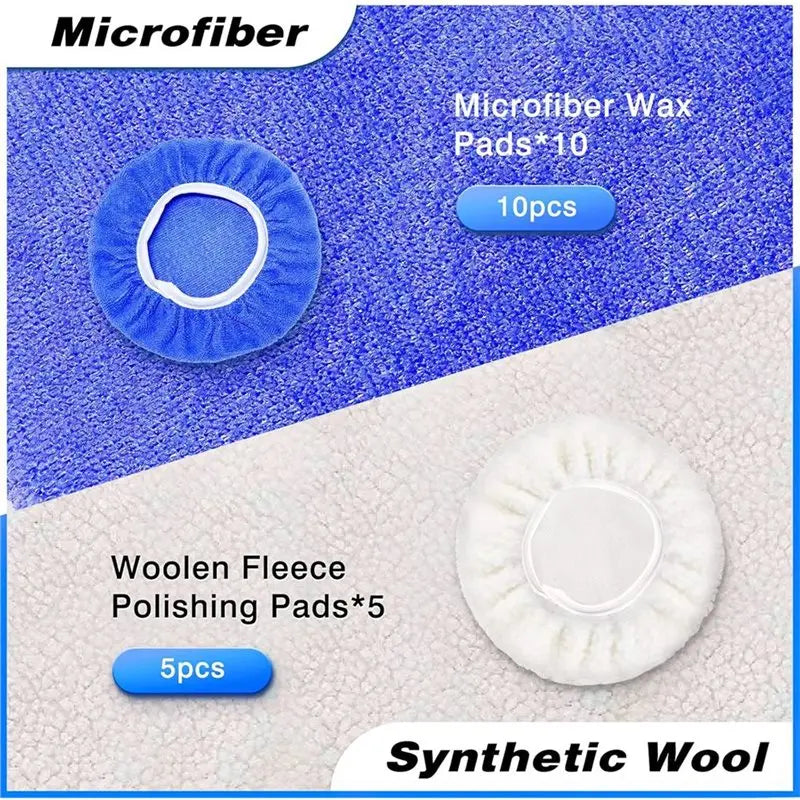 A set of 15 polishing pads including microfiber wax pads and wool fleece pads for car detailing