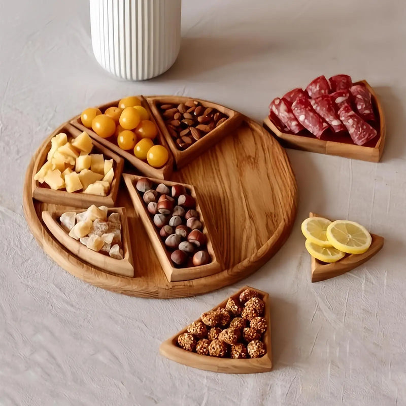 Round Wooden Serving Tray with 8 Removable Compartments