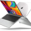 Silver MacBook Air with a clear hard shell case shown open, displaying the colorful Apple logo.