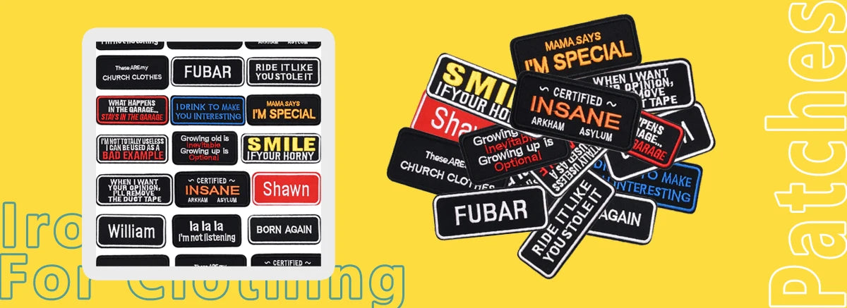 A collection of black and yellow embroidered iron-on letter patches for DIY clothing customization.