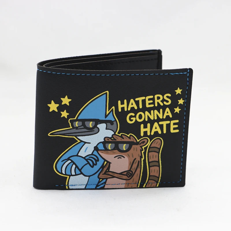 Portefeuille bi-pli en cuir PU noir avec un dessin de colombe en colère et le texte : Haters Gonna Hate