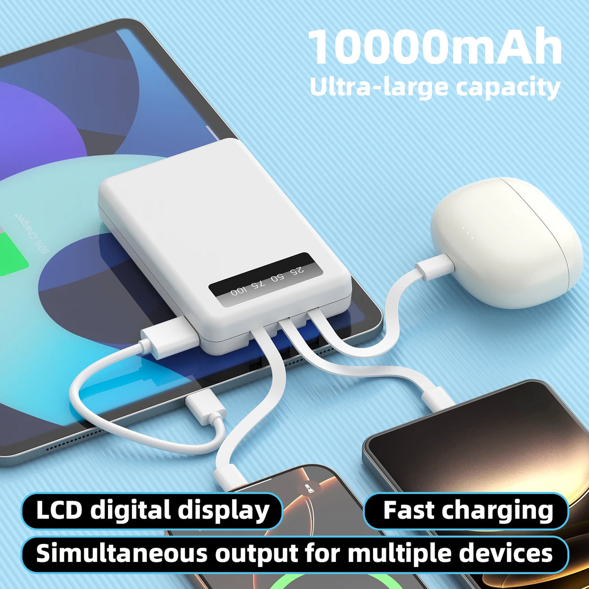Slim 10000mAh Power Bank with Digital Display and Built-In Cables