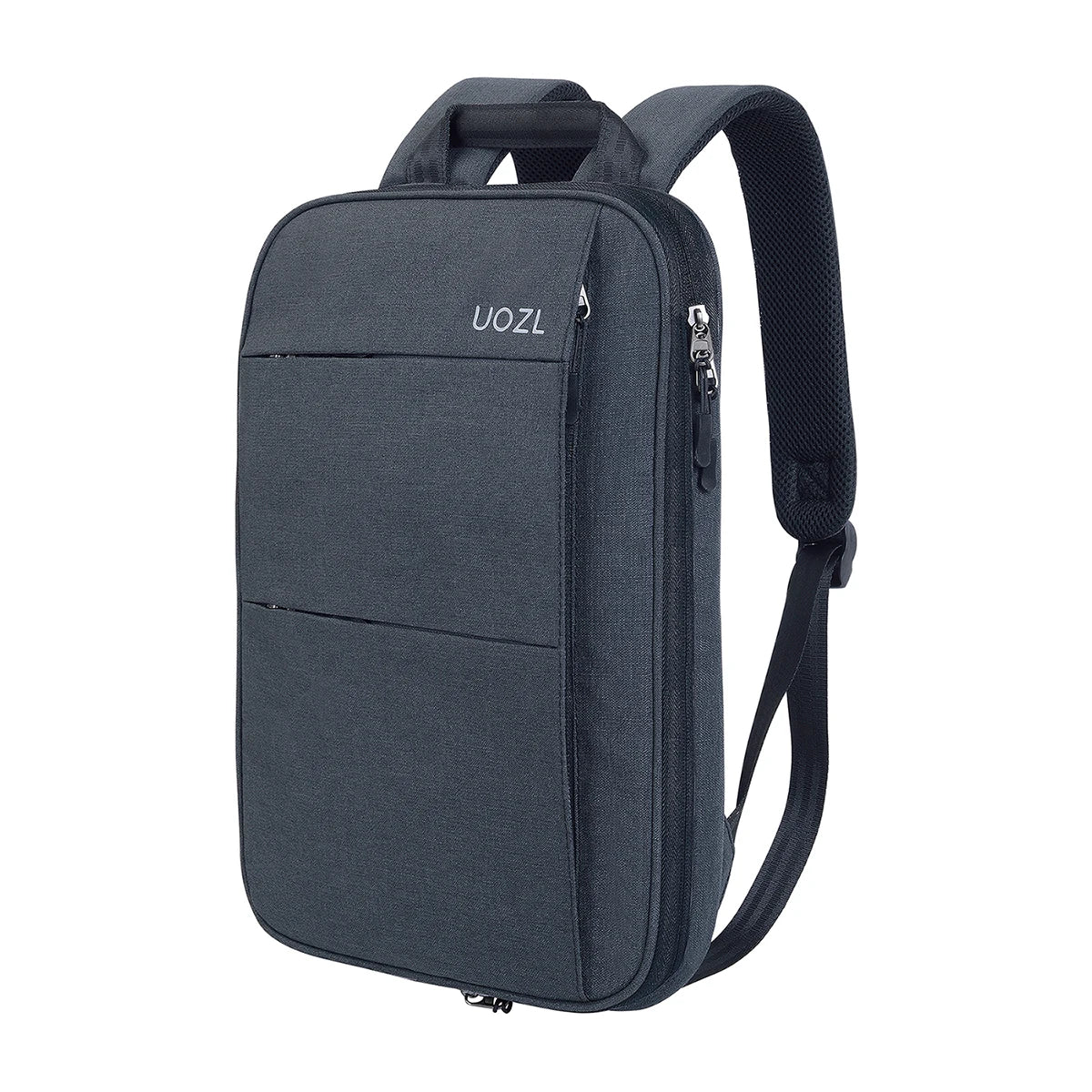 A dark gray slim expandable laptop backpack with a black strap and the brand name UOZL visible.