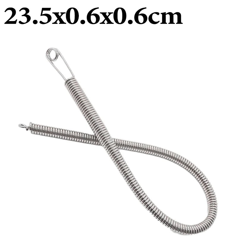A silver bendable drawstring threader tool with a flexible spring.