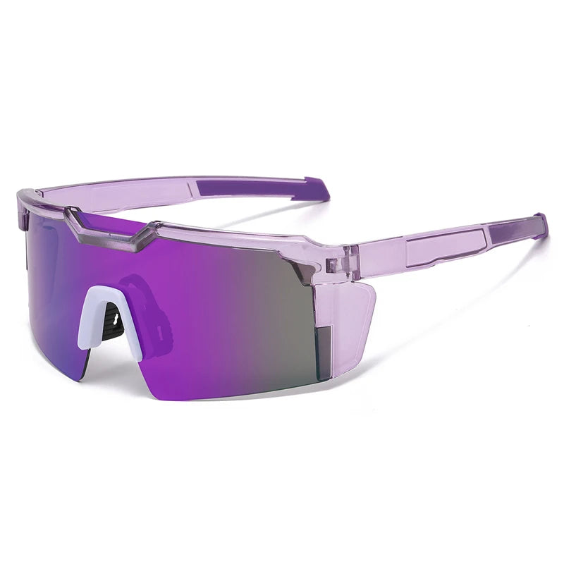 Purple polarized sports sunglasses with white accents shown against a white background