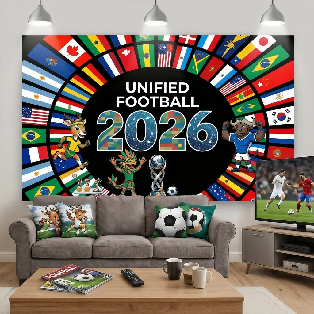 خلفية جدارية كبيرة بتصميم دائري يضم أعلاماً وطنية ونص 'Unified Football 2026'.