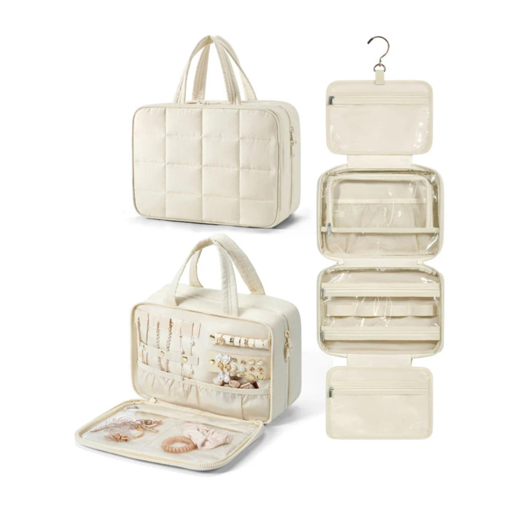 A beige portable hanging toiletry bag with a quilted design shown in various forms.