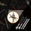 A telescopic magnet pickup tool with an LED light is shown alongside various tools and hardware.
