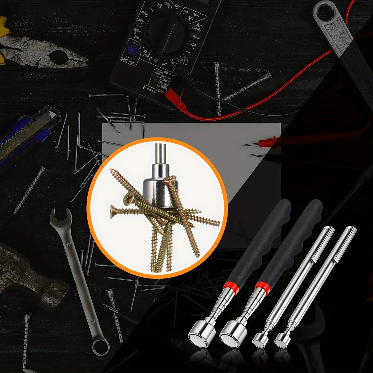 A telescopic magnet pickup tool with an LED light is shown alongside various tools and hardware.