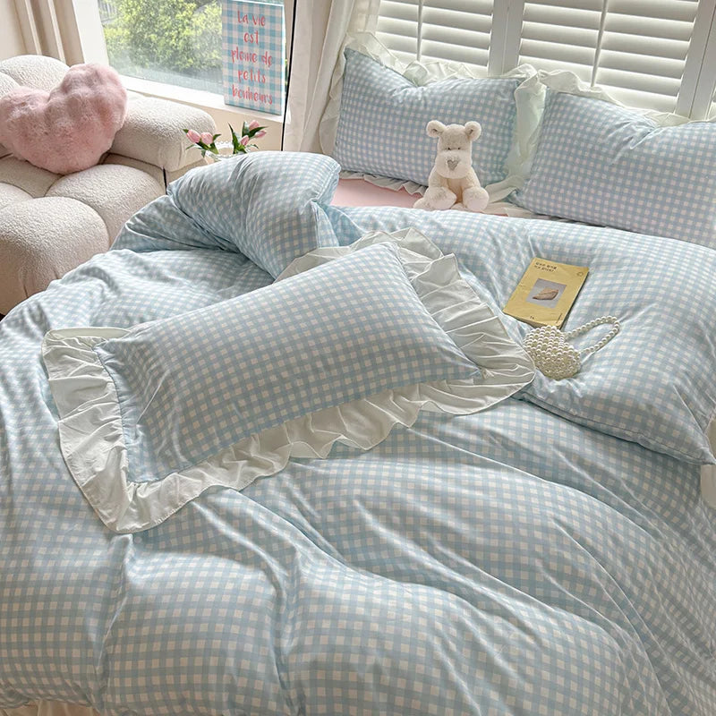 Pink Checkered Lace Duvet Cover Set (3 Pieces)