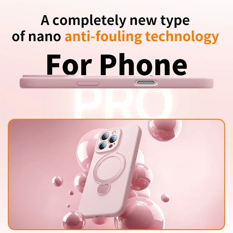 A pink iPhone case with a magnetic silicone design is shown surrounded by glossy pink spheres.