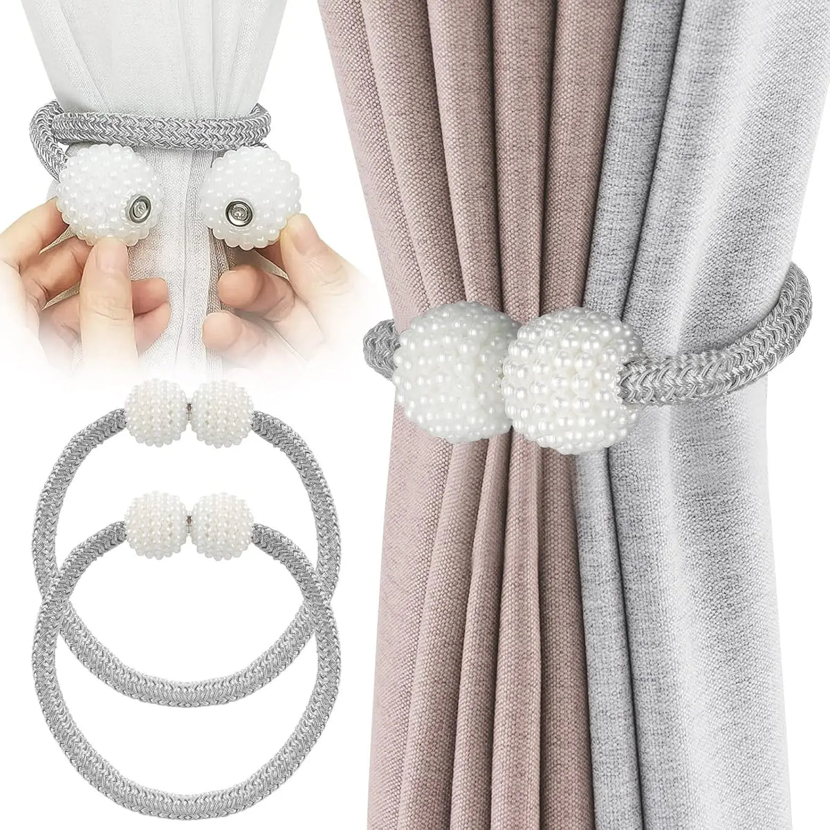 Pearl magnetic curtain tiebacks in gray and white, shown with hands and separate loops.
