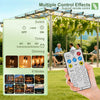 A hand holds a smartphone displaying controls for solar string lights, with the lights visible in an outdoor setting.