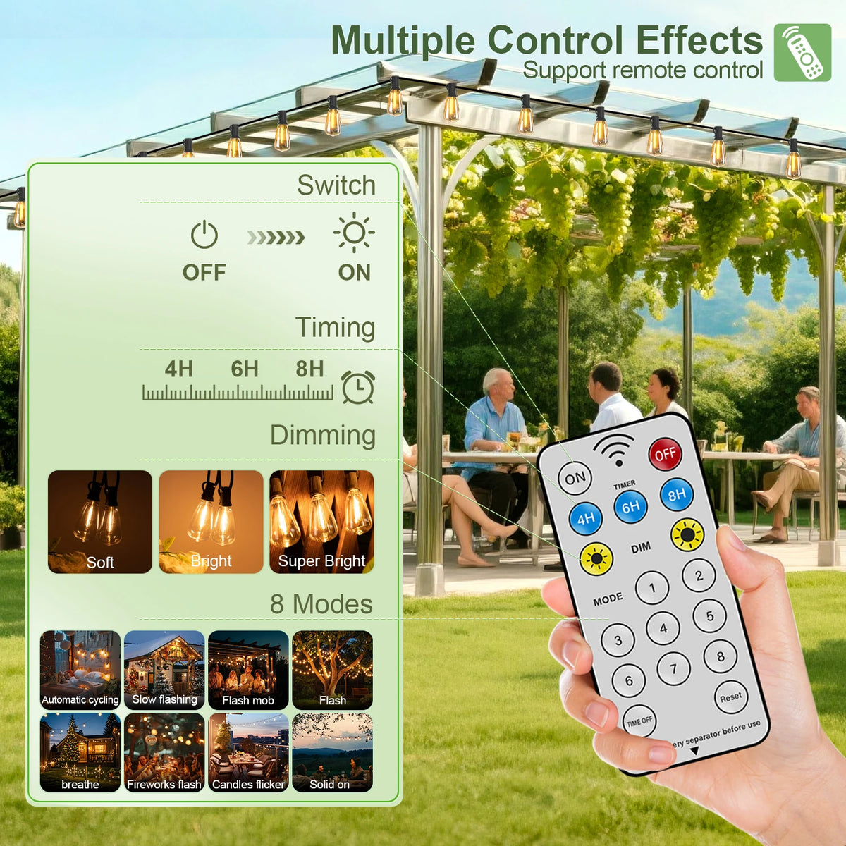 A hand holds a smartphone displaying controls for solar string lights, with the lights visible in an outdoor setting.
