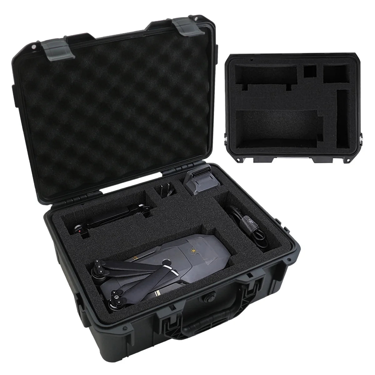 Black hard shell protective storage case for tools and instruments shown open with internal compartments.