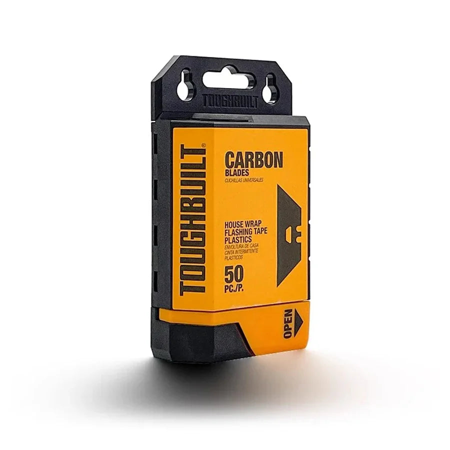A yellow and black ToughBuilt box containing 50 carbon blades for utility knives.