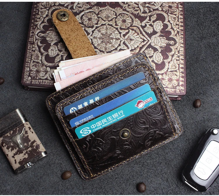 Handcrafted Cowhide Leather Card Wallet with Coin Pocket