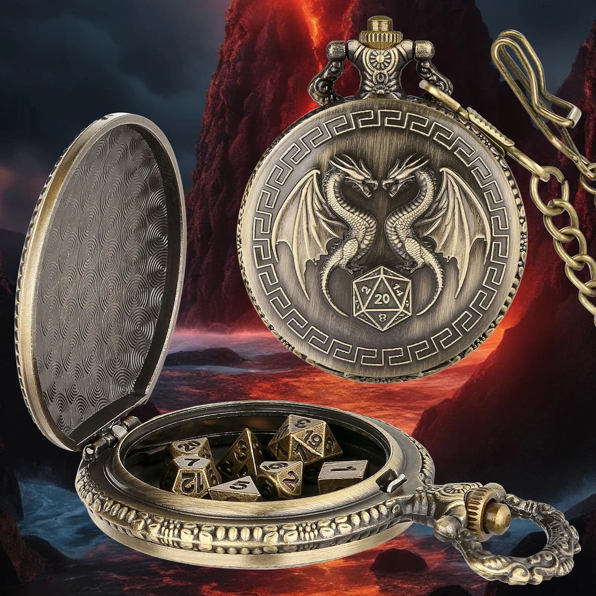 A silver dragon-themed pocket watch dice case is shown open, revealing seven metal polyhedral dice and a pendant.