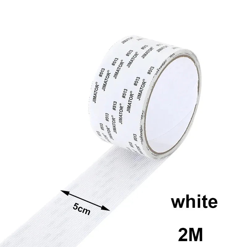 White self-adhesive fiberglass screen repair patch roll, 2 meters long.
