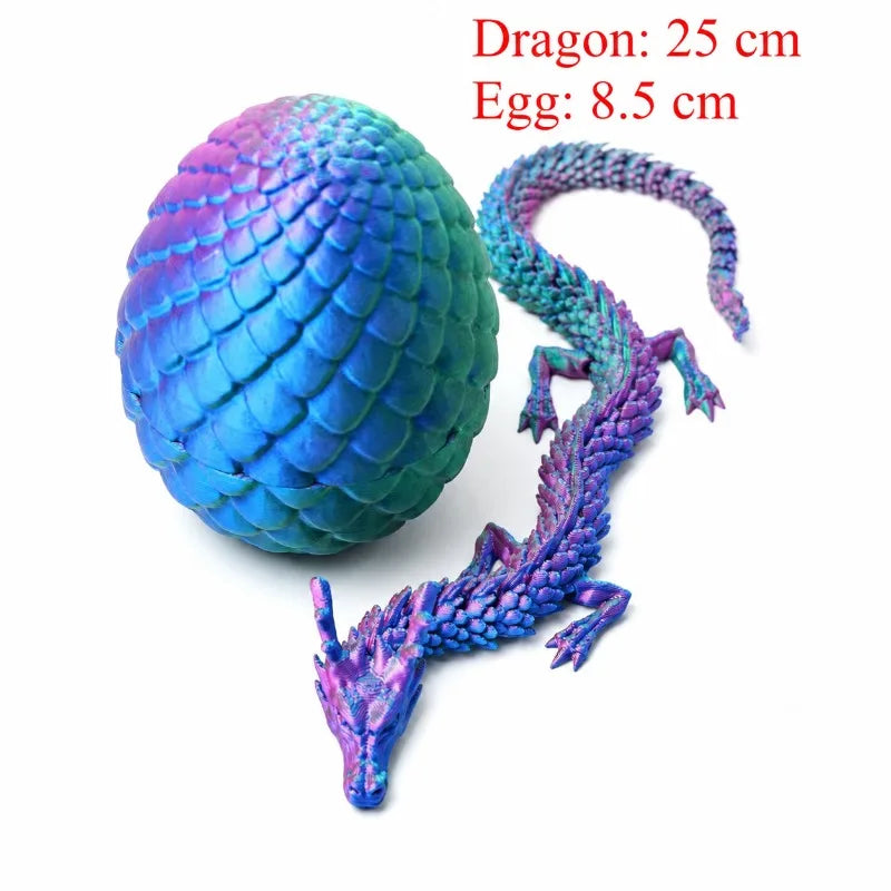 A vibrant blue and purple articulated dragon figurine with a textured body and a matching egg.