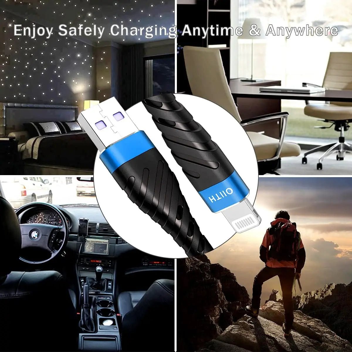 A black nylon braided fast charging cable is shown in various contexts including a bedside table, a car interior, and outdoor