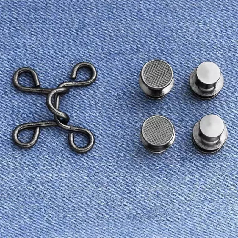 A set of metal no-sew jeans button snaps for waist adjustments displayed on a blue denim fabric.