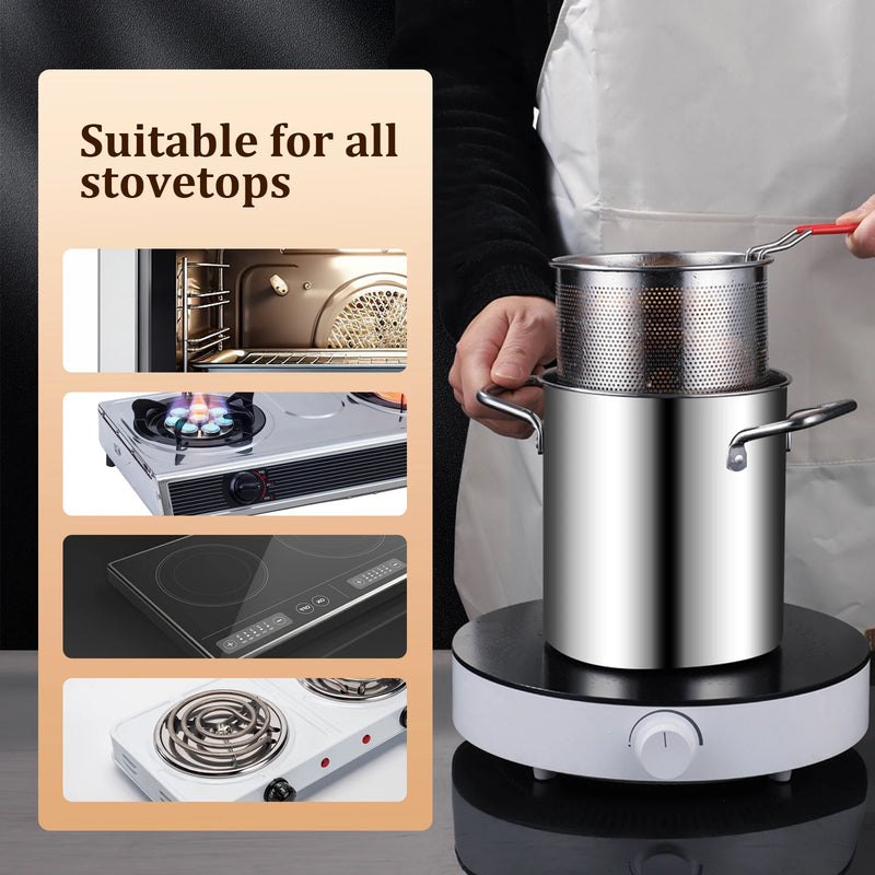 Deep Fryer Pot, 3.2 Qt, Stainless Steel with Basket and Glass Lid