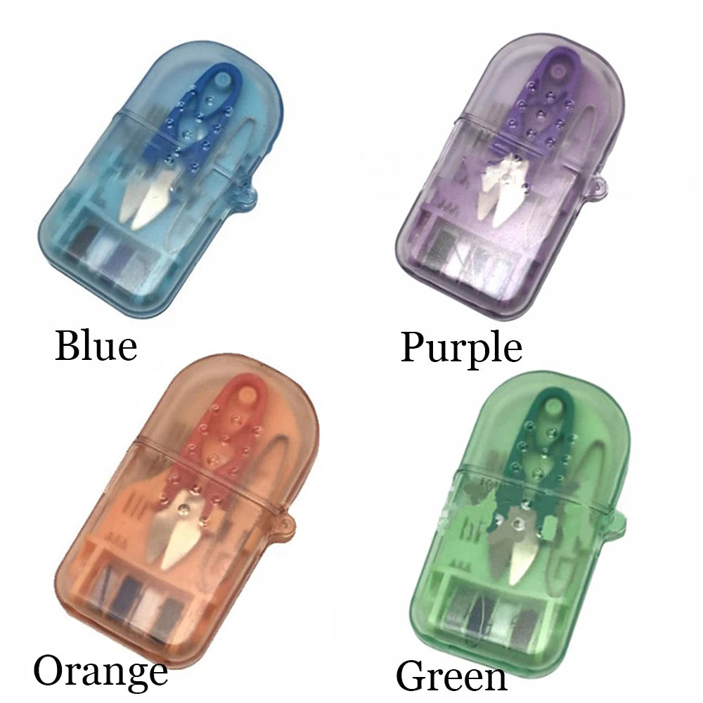 Four compact portable sewing kits in blue, purple, orange, and green travel storage cases.