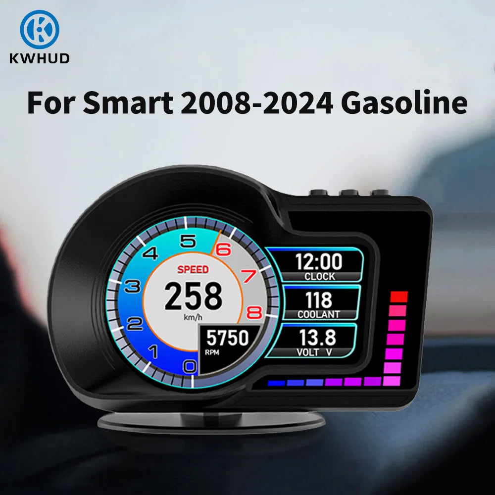 A black automotive head-up display showing speed 258 km/h and coolant temperature 13.8 degrees.