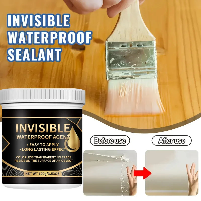 A tube of invisible waterproof sealant is shown next to a wooden surface and a wooden applicator brush.