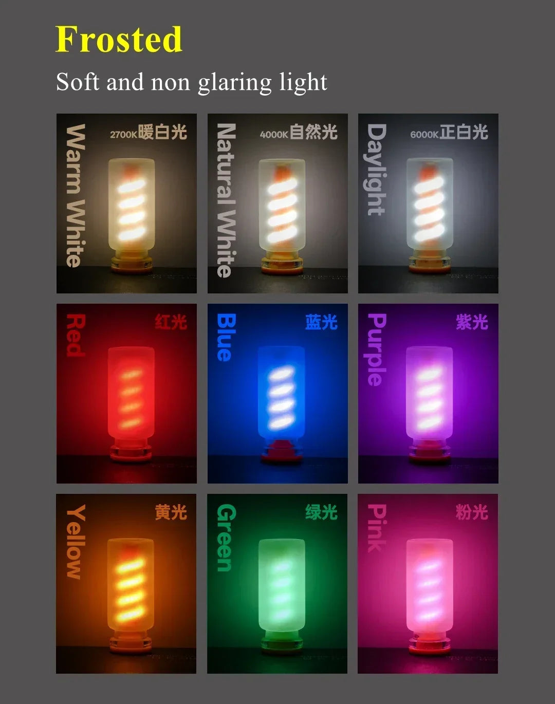 A grid showing various colored frosted LED night lights including warm white, natural white, daylight, red, blue, purple, yel