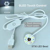 A white USB LED bead light with a remote control and touch dimming feature is shown.