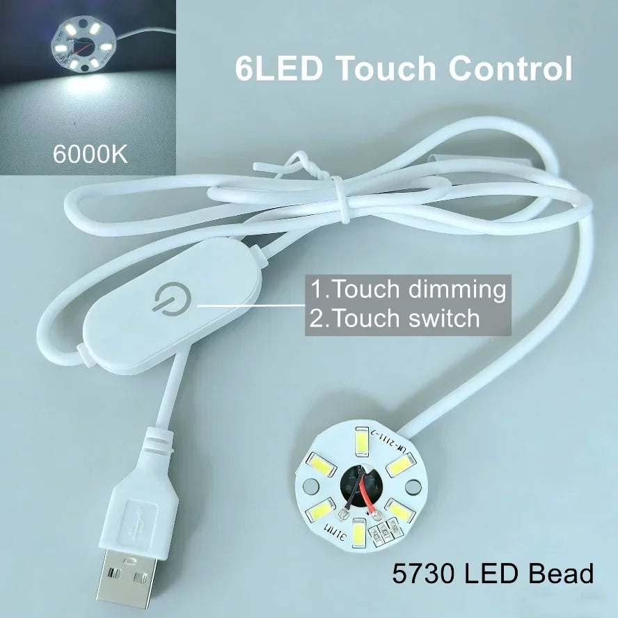 A white USB LED bead light with a remote control and touch dimming feature is shown.