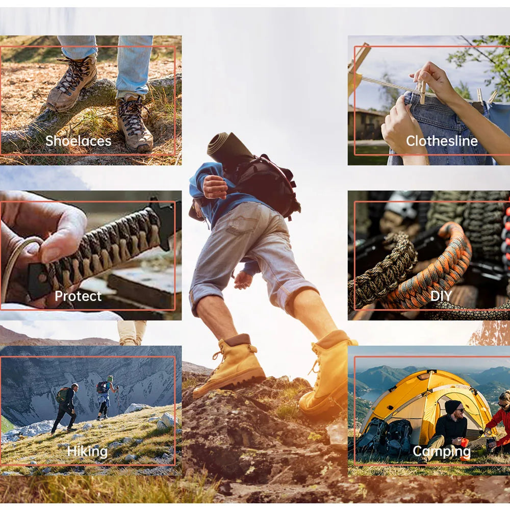 A collage showing various uses of a 100 ft paracord rope for camping, climbing, and DIY projects.