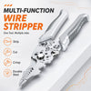 A silver multi-function wire stripper tool with jaws for stripping, cutting, and crimping wires.