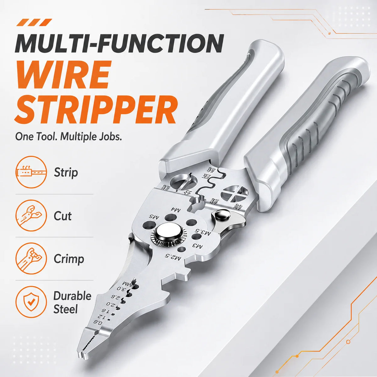 A silver multi-function wire stripper tool with jaws for stripping, cutting, and crimping wires.