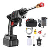 A cordless high pressure car wash gun kit including a foam generator, nozzle, and cleaning attachments.