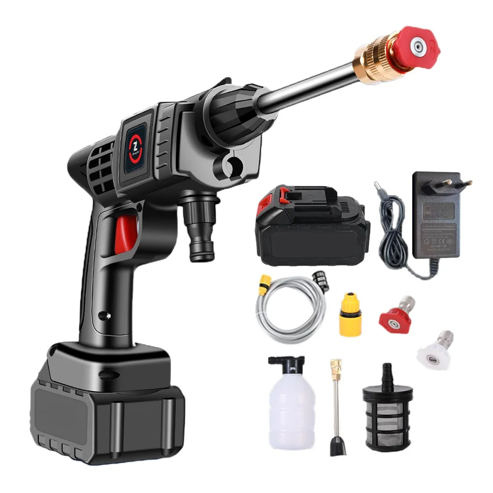 A cordless high pressure car wash gun kit including a foam generator, nozzle, and cleaning attachments.